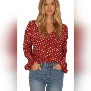 NWT Amuse Society Aria Red Polka Dot Blouse Relaxed Fit